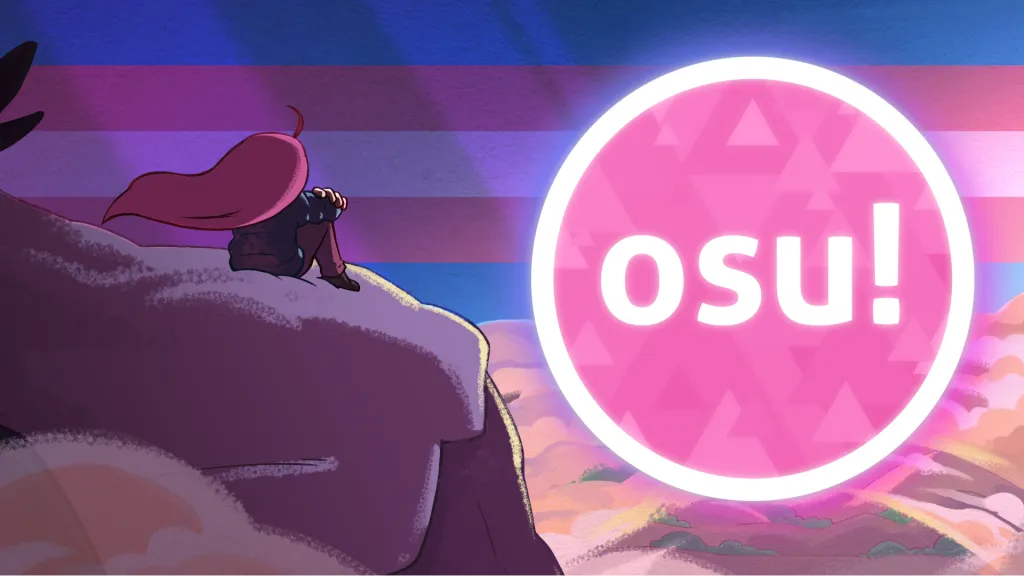 A pink-haired player sits on a cliff at dusk, looking out at a large osu! circle, under a sky striped in the trans flag's colours.